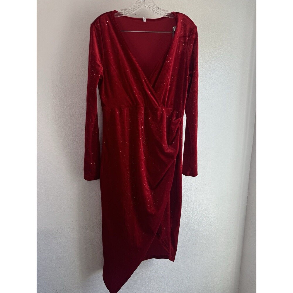 Dokuritu Velvet Red Large Wrap Dress Leg Slit Sparkly Holiday Evening Gown